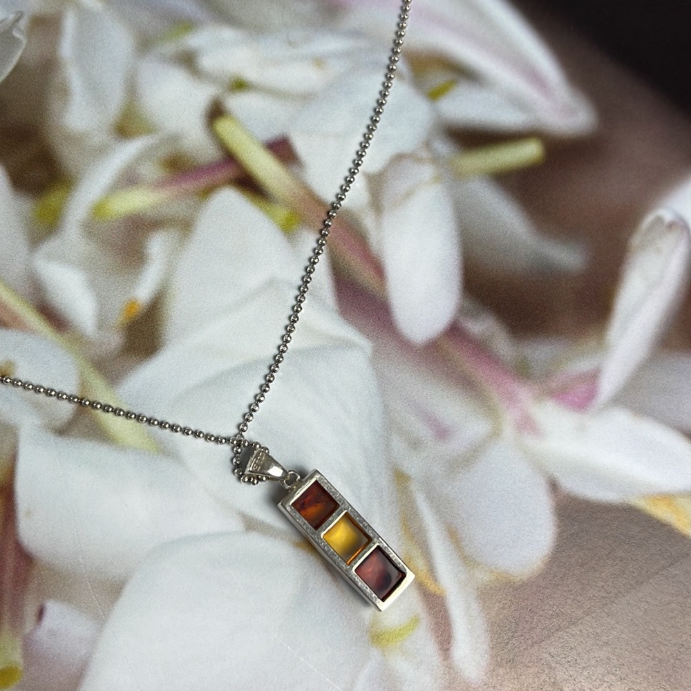 Sterling Silver Rectangular Multi Amber Bar Penda… - image 2